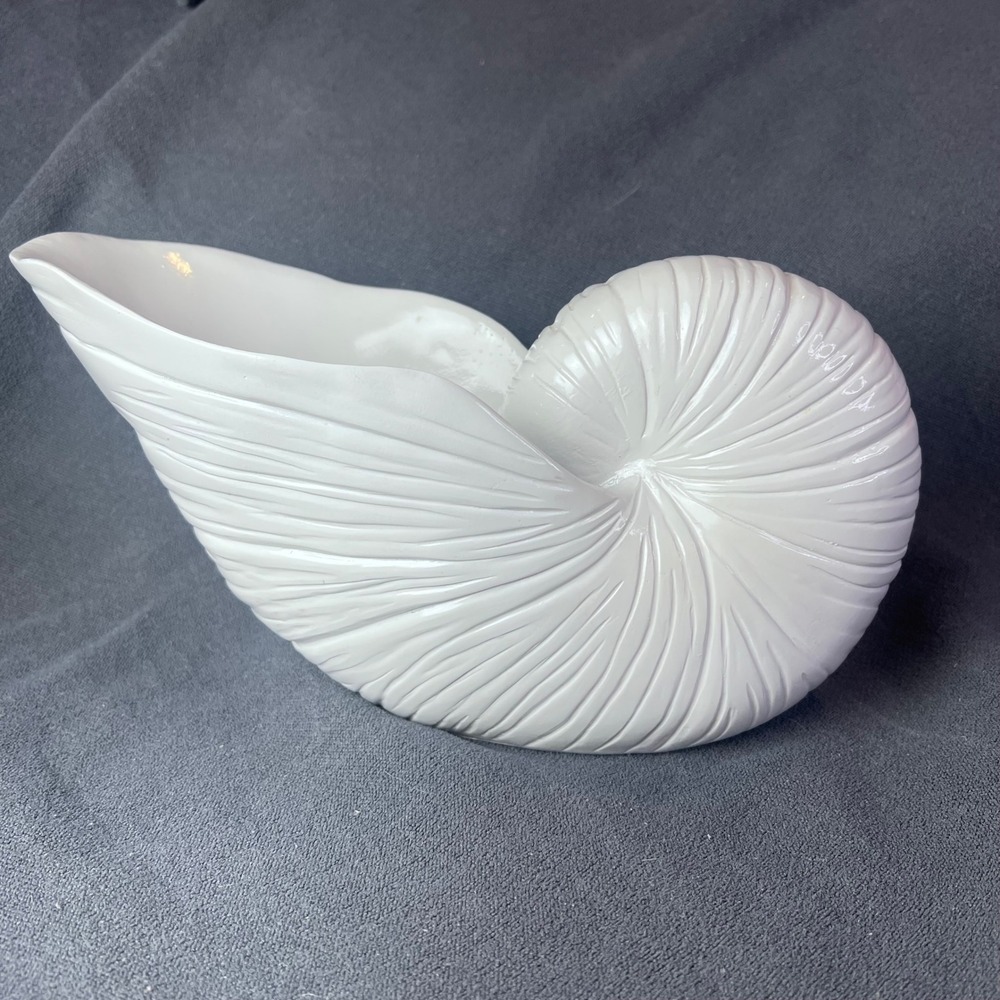Vintage White Ceramic Nautilus Shell Planter Coastal Decor Sea Shell Bowl 10in